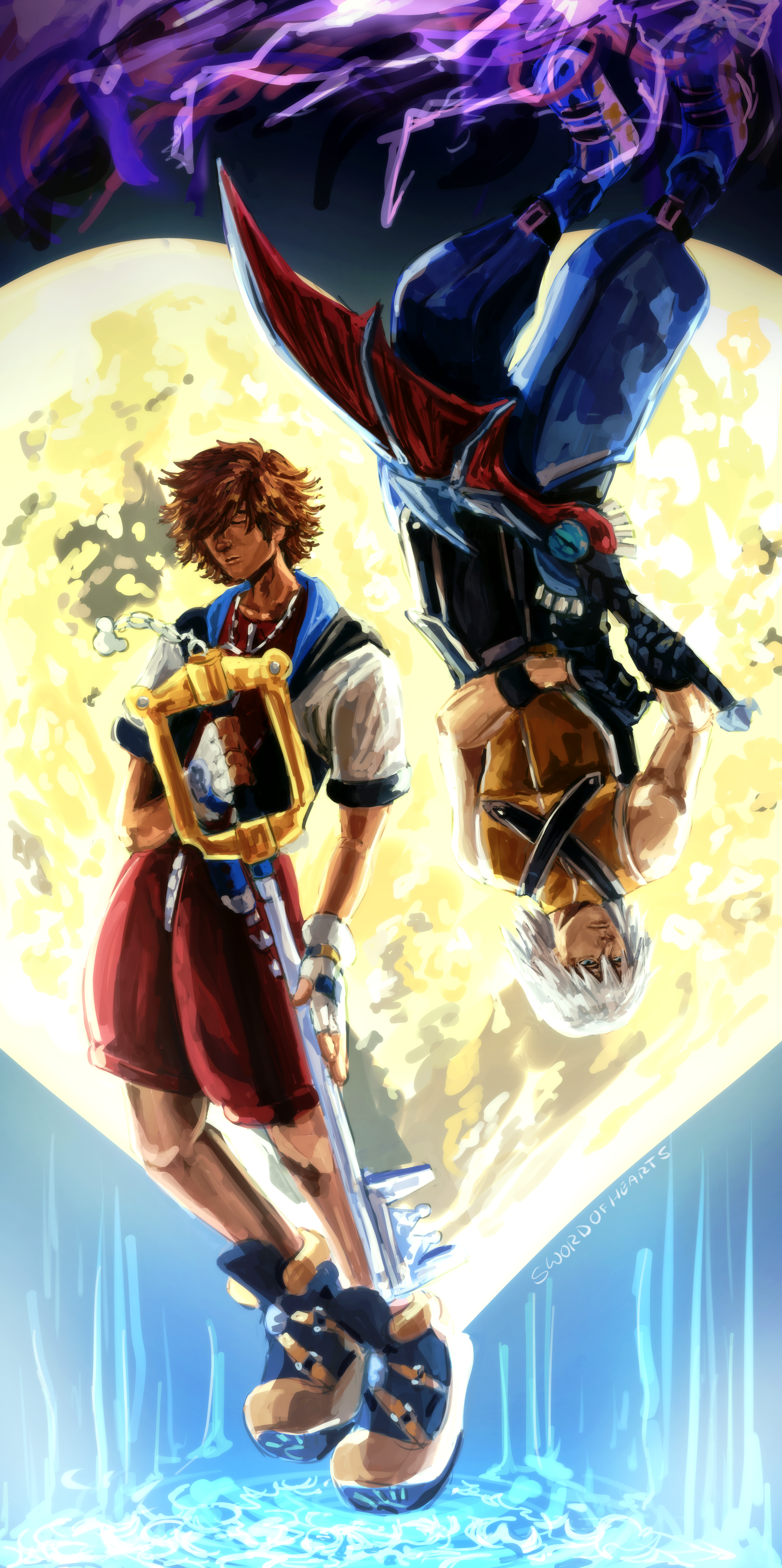sora and riku from kingdom hearts, sora facing upward and riku upside down